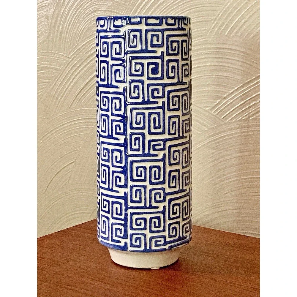 Vtg Inspired Blue White Greek Key Ceramic Vase Chinoiserie Hollywood Regency 10